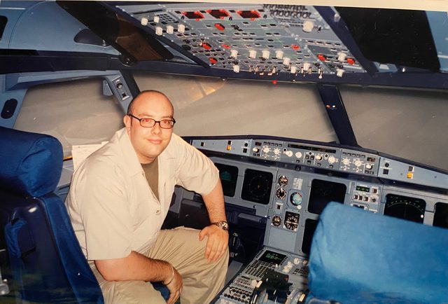 Inside a full-flight simulator cockpit